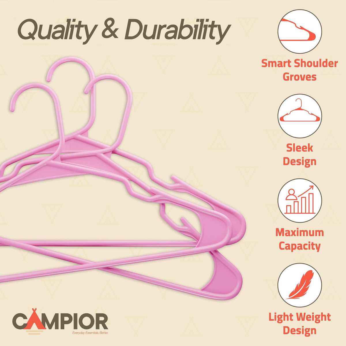 Campior Premium Clothes Hangers – Space-Saving Slim Design, Lightweight and Durable Plastic with Smart Shoulder Grooves, Versatile Usage for Organizing Laundry, Coats, and Clothes, Pink, Pack of 20