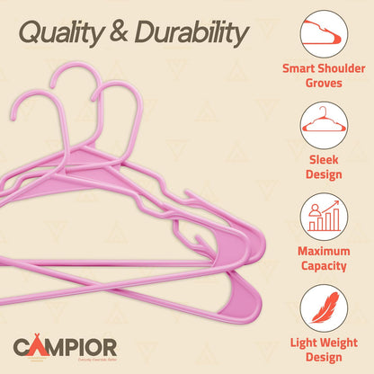 Campior Premium Clothes Hangers – Space-Saving Slim Design, Lightweight and Durable Plastic with Smart Shoulder Grooves, Versatile Usage for Organizing Laundry, Coats, and Clothes, Pink, Pack of 20