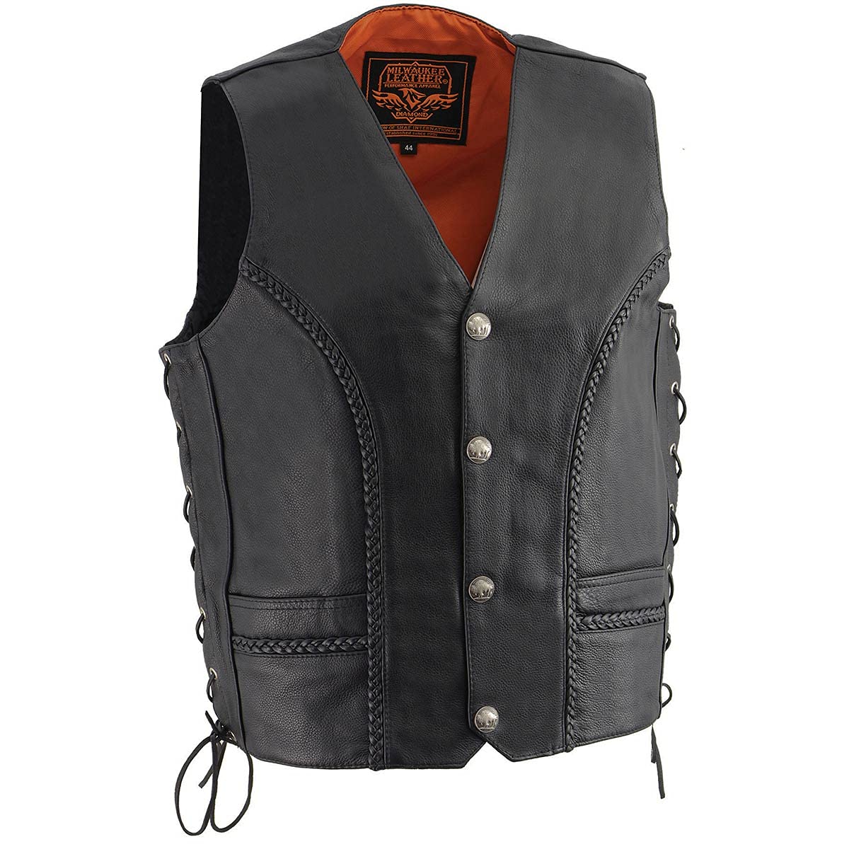 Milwaukee Leather - Chaleco de Piel de Alta Calidad para Hombre con Encaje Lateral para Motocicleta, Negro, Talla 48