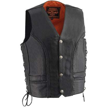 Milwaukee Leather - Chaleco de Piel de Alta Calidad para Hombre con Encaje Lateral para Motocicleta, Negro, Talla 48