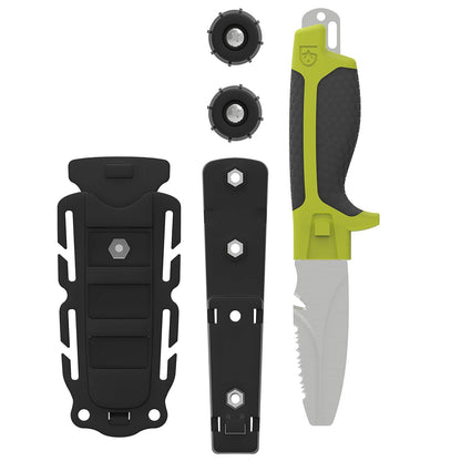 Gear Aid Tanu Cuchillo de Buceo y Rescate con Vaina, Hoja de Punta Roma de 3 Pulgadas - Cuchillo + B.C.D. Adaptador - Nav Green