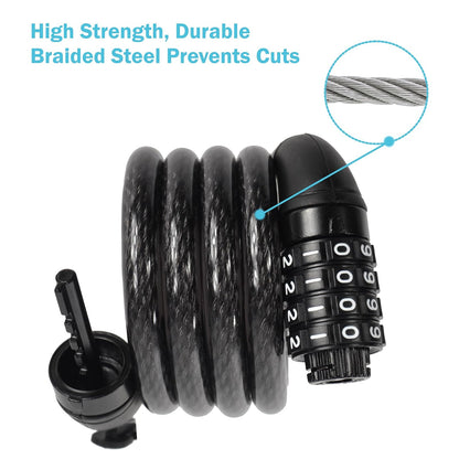 Lumintrail - Candados para bicicleta de 4 pies, paquete de 2 unidades resistentes antirrobo con combinaciones, bloqueo de cable de bicicleta con soporte de montaje (2 unidades, negro)