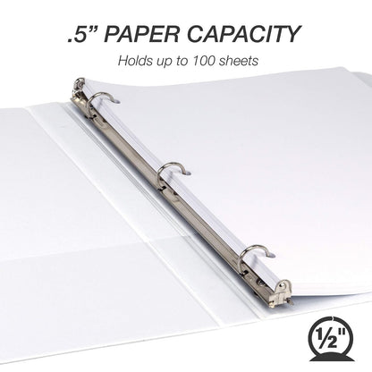 Samsill 3 Ring Durable View Binders - 8 Pack, 1/2 Inch Round Ring , Non-Stick Customizable Clear Cover, White