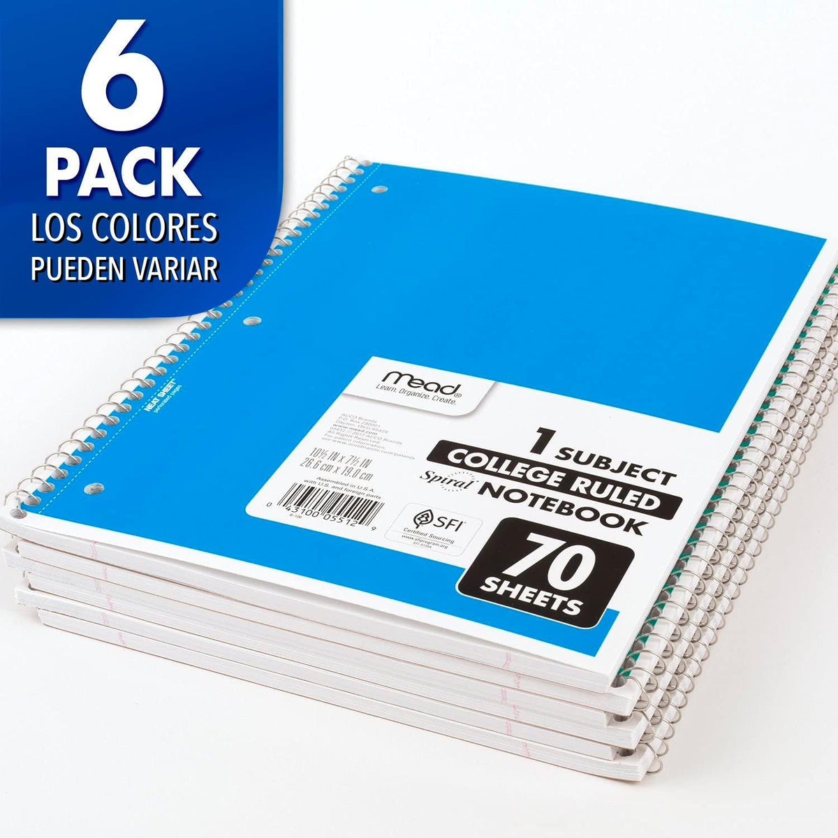 Mead Spiral Notebooks, 1 Subject, College Ruled Paper, 70 Sheets, 10-1/2" x 7-1/2", Assorted Colors, 6 Pack (73065)