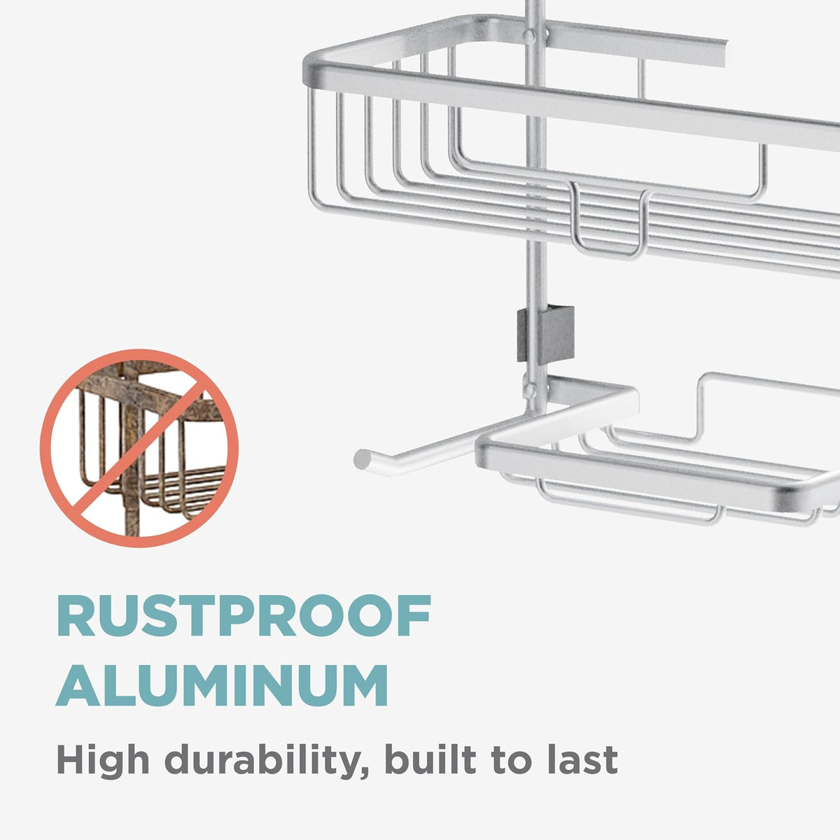 Zenna Home - Organizador de ducha colgante a prueba de óxido, sobre el cabezal de ducha con 2 estantes y ganchos integrados, organizador colgante de baño de aluminio, cromo satinado
