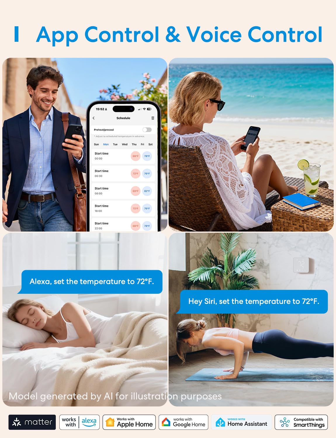 Termostato Inteligente meross para el hogar, termostato WiFi Funciona con Materia, Alexa, Apple Home, Google Assistant, App & Voice Control, programación de 7 x 24 Horas, Ahorro de energía, Requiere