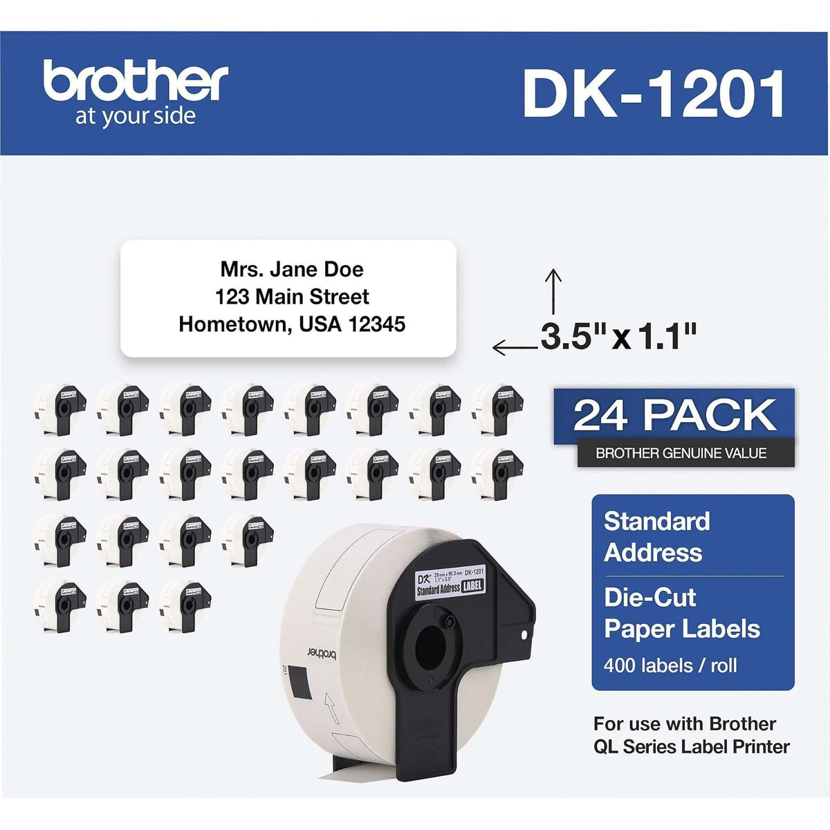 Brother DK1201 - Etiquetas de dirección enrolladas estándar troqueladas para impresoras QL, paquete de 3 (DK12013PK), color blanco, 24 rollos (DK120124PK)