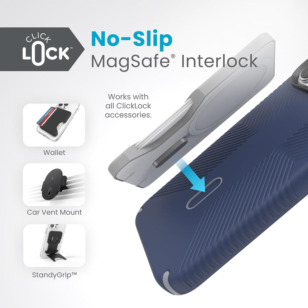 Speck - Funda para iPhone 15 Pro Max - ClickLock - Bloqueo antideslizante, construido para MagSafe, agarre de protección contra caídas, resistente a los arañazos, tacto suave, funda para teléfono de 6.7 pulgadas, agarre Presidio2 azul costero/gris polvo/b