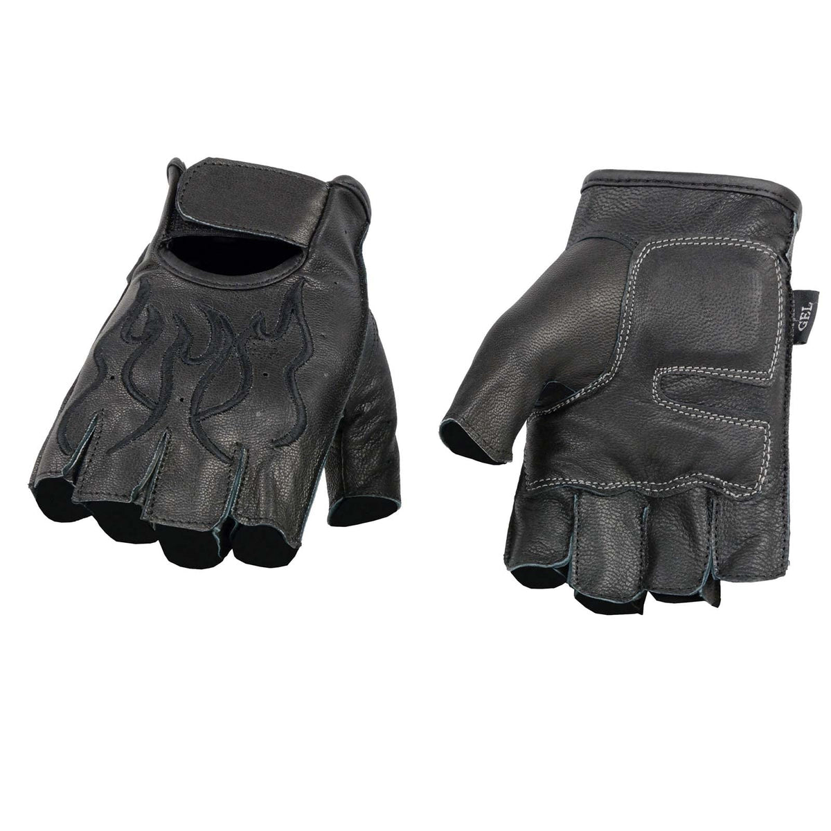 Milwaukee Leather SH198 - Guantes sin Dedos Bordados con Llama Negra para Hombre con Palma de Gel (Mediano)