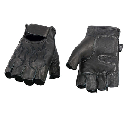 Milwaukee Leather SH198 - Guantes sin Dedos Bordados con Llama Negra para Hombre con Palma de Gel (Mediano)