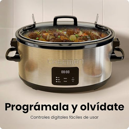 Chefman Olla de cocción lenta eléctrica de 7 cuartos con tapa de bloqueo, olla de cocción lenta programable con tres temperaturas digitales para platos principales, sopas y guisos,Acero inoxidable