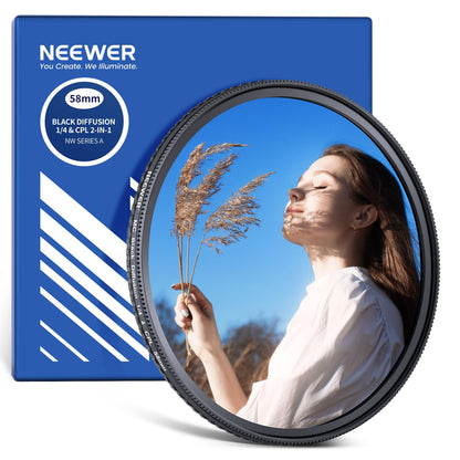 NEEWER 2 en 1 CPL + Difusión Negra 1/4 para Filtro de Efecto Cinematográfico de Niebla, Reducción de Deslumbramiento con Polarización Circular Efecto Cinematográfico Ensueño para Lente Cámara, 58mm
