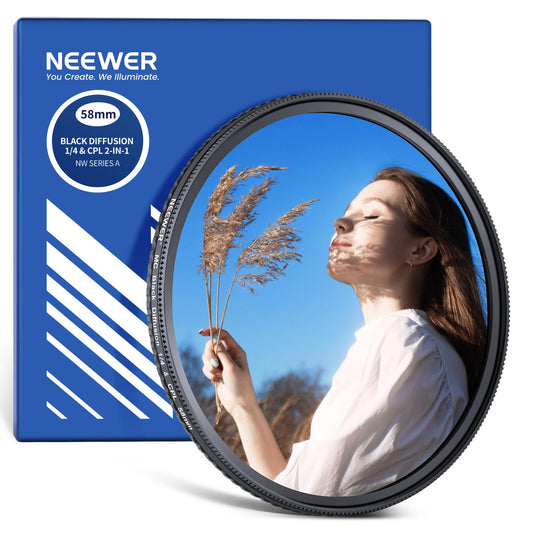 NEEWER 2 en 1 CPL + Difusión Negra 1/4 para Filtro de Efecto Cinematográfico de Niebla, Reducción de Deslumbramiento con Polarización Circular Efecto Cinematográfico Ensueño para Lente Cámara, 58mm