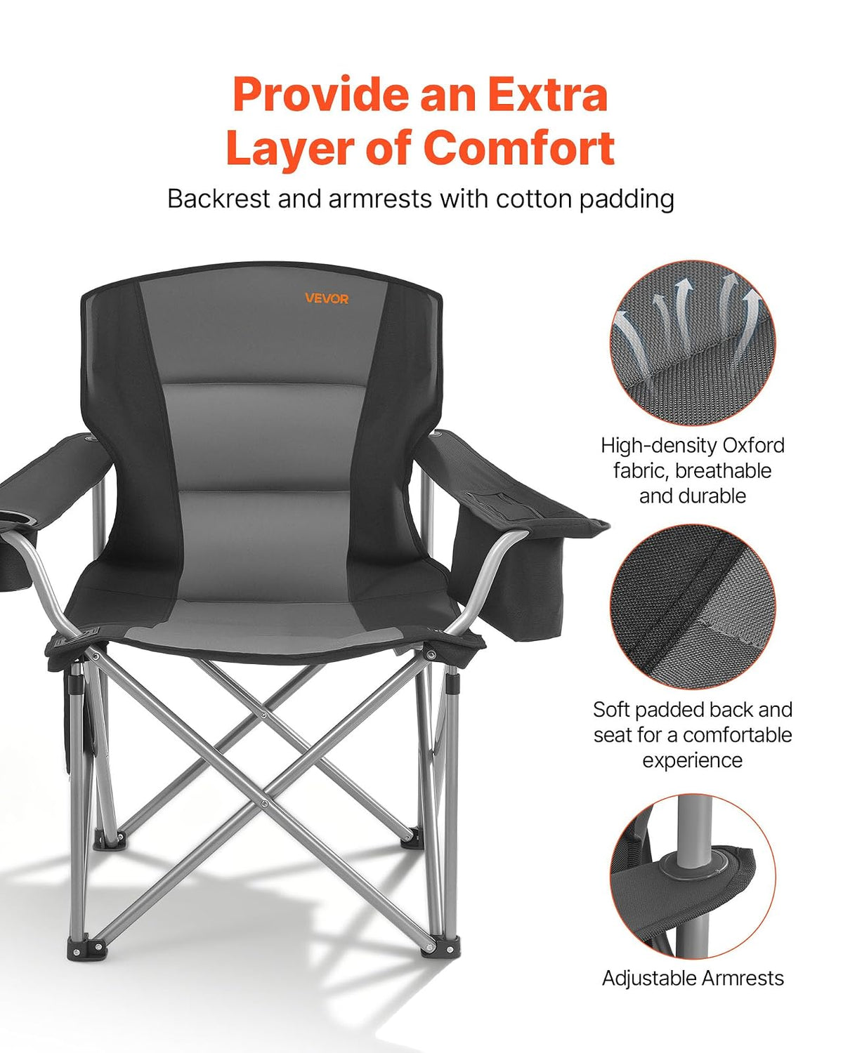 VEVOR Silla de Camping Plegable Grande Capacidad Máxima de 204 kg, Paquete de 2, Silla de Camping Portátil con Respaldo, Reposabrazos Acolchados, Bolsa térmica, Portavasos y Bolsillo para Exteriores