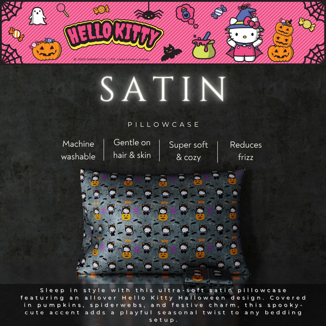 Funda de Almohada Reversible estándar de Seda Satinada de Sanrio Hello Kitty para Esqueleto de Halloween, para Belleza, 20x30 para Cabello y Piel, (Producto Oficialmente Licenciado) de Franco