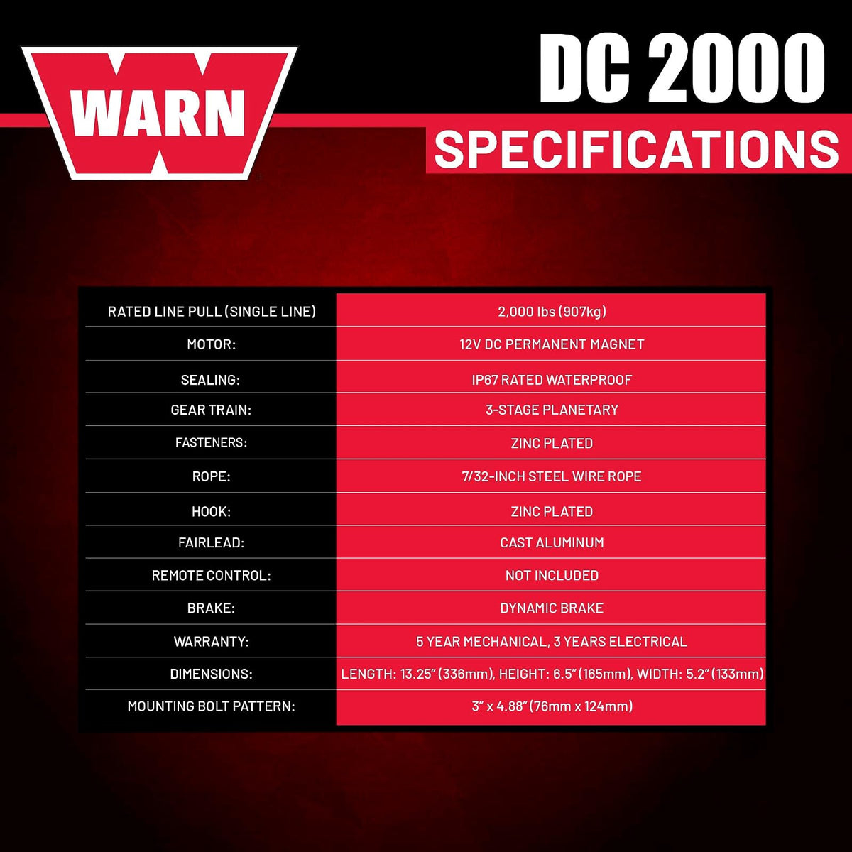 WARN 92000 - Cabrestante eléctrico montado en vehículo serie 2000 de 12 V CC con cable de acero: capacidad de tracción de 1 tonelada