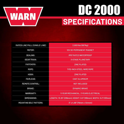 WARN 92000 - Cabrestante eléctrico montado en vehículo serie 2000 de 12 V CC con cable de acero: capacidad de tracción de 1 tonelada