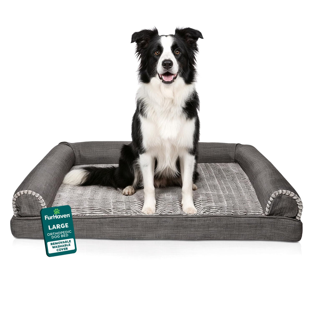 Furhaven Perfect Comfort Cama Sofá para Perro y Gato - Sofá cama - Piel sintética y lino carbón - Large - Espuma ortopédica
