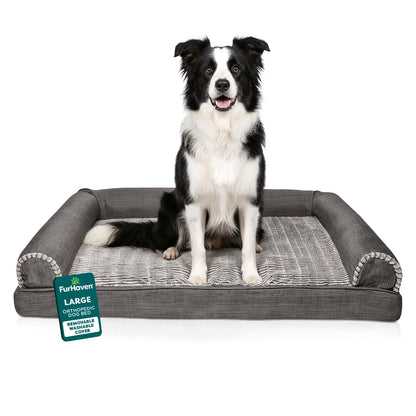 Furhaven Perfect Comfort Cama Sofá para Perro y Gato - Sofá cama - Piel sintética y lino carbón - Large - Espuma ortopédica