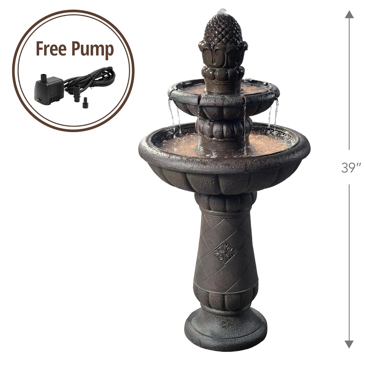 Teamson Home - Pedestal de piña de Lujo, 2 Niveles, Fuente de Cascada con Bomba para Patio al Aire última intervensión, jardín, Patio, terraza, 39 Pulgadas de Altura, Gris Hierro
