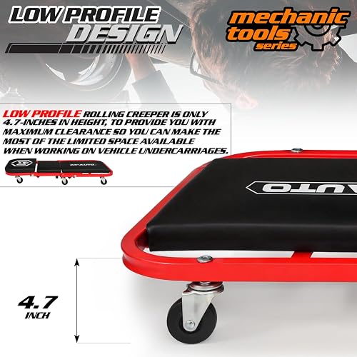 M-Auto Asiento Plegable de 40 Pulgadas, Silla de cochera Ajustable Todo en uno, para tumbarse o Sentarse, Capacidad de 330 Libras Debajo del Automóvil con 6 Ruedas giratorias, Rojo