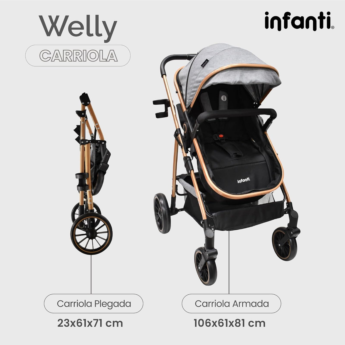 Infanti - Carriola para Bebé WELLY - Tavel System De 0 Meses a 3 Años, Hasta 15 kg - Convertible a Bambineto - Sistema de viaje -Color Gris