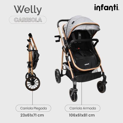 Infanti - Carriola para Bebé WELLY - Tavel System De 0 Meses a 3 Años, Hasta 15 kg - Convertible a Bambineto - Sistema de viaje -Color Gris