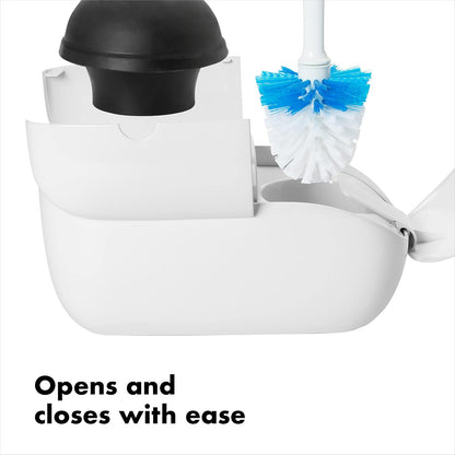 OXO Good Grips Juego de cepillo y destapacaño para baño | Recipiente que ahorra espacio, apoyo para puertas abiertas, cerdas resistentes, esencial para baño, ideal para baños pequeños