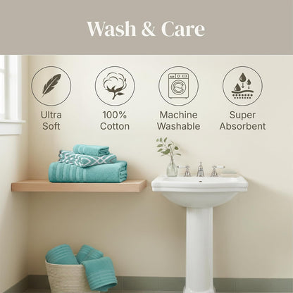 Modern Threads - Juego de 6 Toallas teñidas de Hilo Oxford Aqua - Toallas de baño, Toallas de Mano y paños de baño, súper absorbentes y de Secado rápido, 100% algodón Peinado