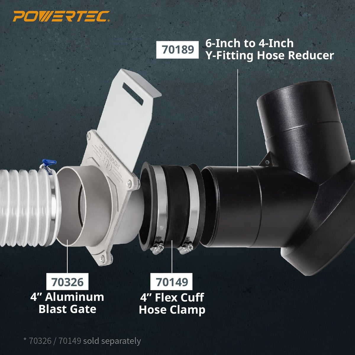 POWERTEC 70189 - Colector de polvo en Y | Reductor de manguera de 6 a 4 pulgadas para sistema de recogida de polvo para carpintería