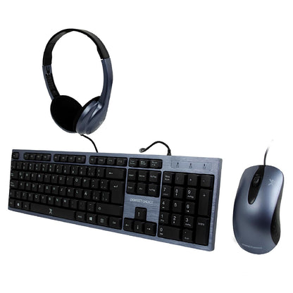 Perfect Choice Kit de Auriculares, Teclado y Mouse con Cable Kit 3 en 1 - Teclado inalámbrico de Membrana - Auriculares ergonómicos con micrófono omnidireccional - Mouse USB(Azul)