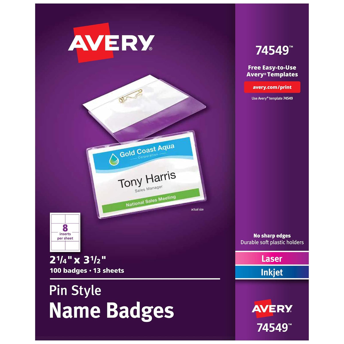 Avery CB70C Gafetes plásticoscon Alfiler 5.7 cm x 8.9 cm Blancos paq 100