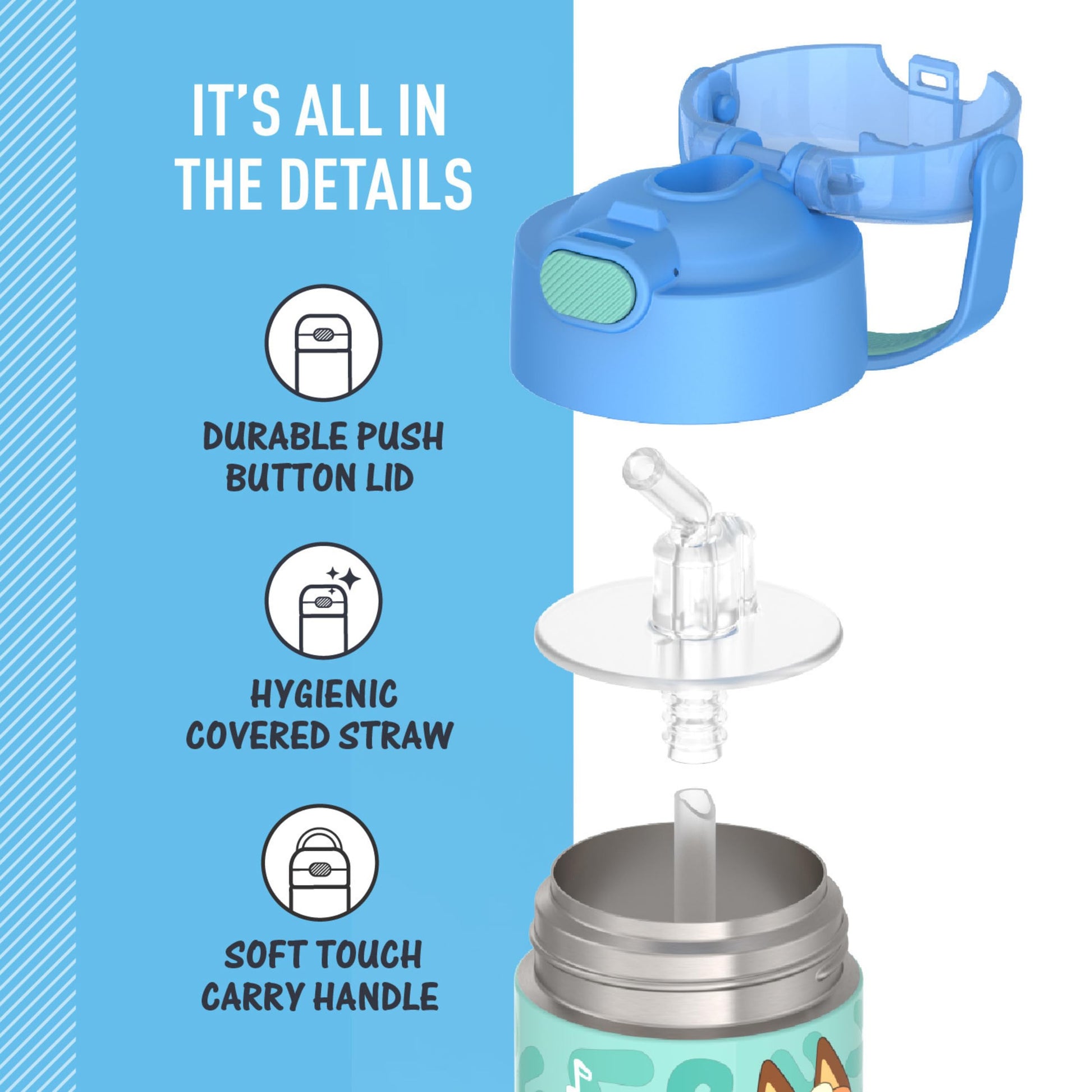 THERMOS FUNTAINER - Botella de agua con pajita, 12 onzas, color azul, botella de agua aislada al aspiradora para niños con tapa