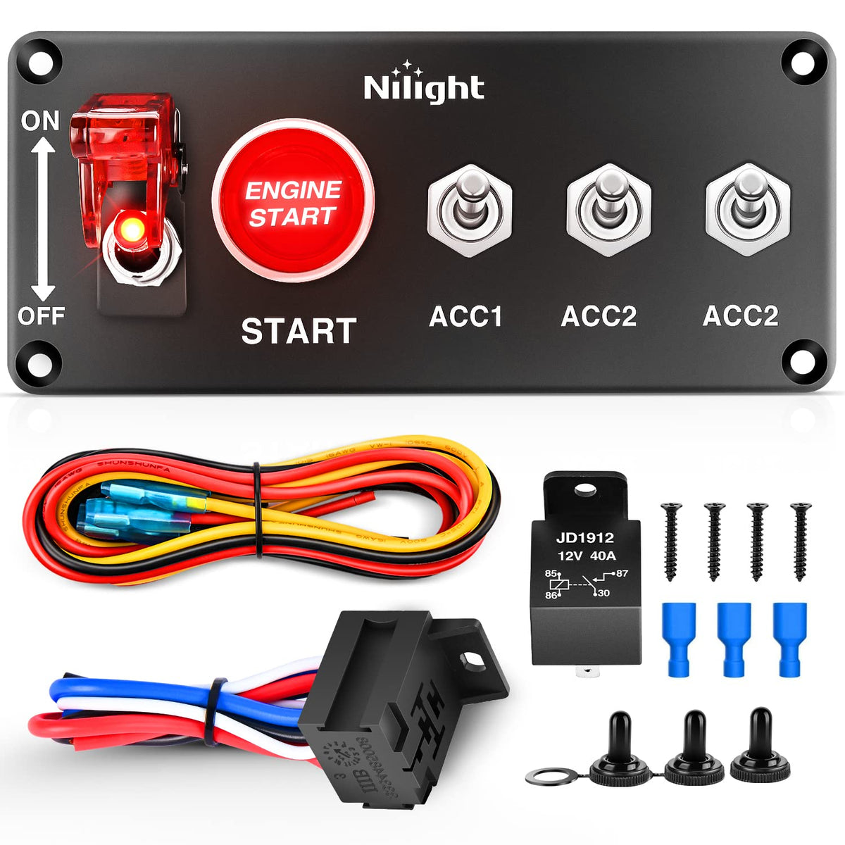 Nilight - Panel de interruptor de encendido de 12 V 5 en 1 con interruptor de botón de motor con arnés de cableado de relé LED para RV, camión, carreras, coche, barco, remolque marino