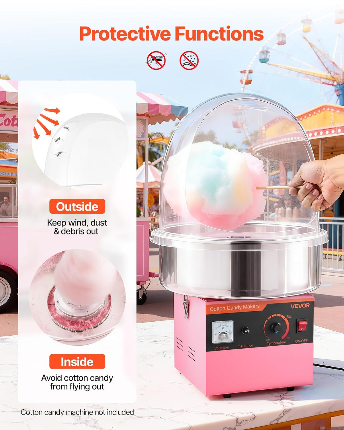 VEVOR Cubierta para Máquina de Algodón de Azúcar, Cúpula Acrílica Transparente, Compatible con Recipiente de Máquina de Algodón de Azúcar 381 mm, para Fiestas, Tiendas, Diseño de Ranura Inferior