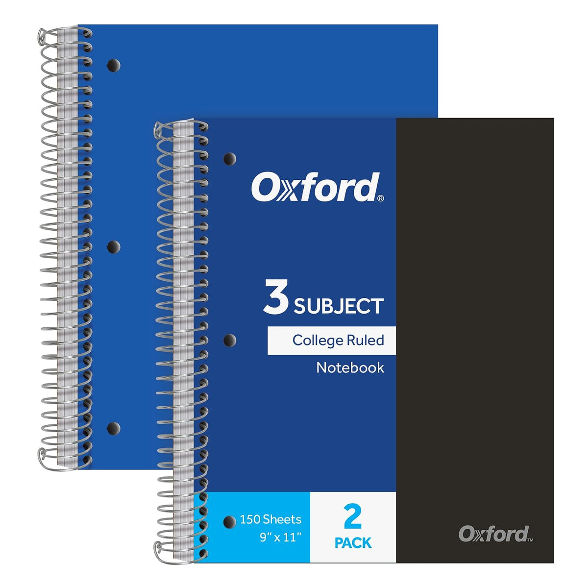 Oxford 10386 Cuadernos de poliéster de 3 materias, 22.86 cm x 27.94 cm, regla universitaria, tapas de colores surtidos, 150 hojas, 3 bolsillos divisores de poliéster, 2 unidades