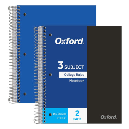 Oxford 10386 Cuadernos de poliéster de 3 materias, 22.86 cm x 27.94 cm, regla universitaria, tapas de colores surtidos, 150 hojas, 3 bolsillos divisores de poliéster, 2 unidades