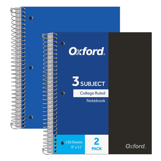 Oxford 10386 Cuadernos de poliéster de 3 materias, 22.86 cm x 27.94 cm, regla universitaria, tapas de colores surtidos, 150 hojas, 3 bolsillos divisores de poliéster, 2 unidades