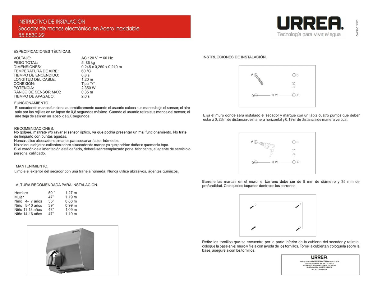 URREA 85.8530.22 Secador de Manos Eléctrico Dirigible en Acero Inoxidable