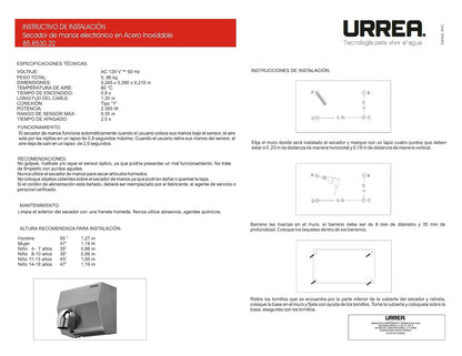 URREA 85.8530.22 Secador de Manos Eléctrico Dirigible en Acero Inoxidable