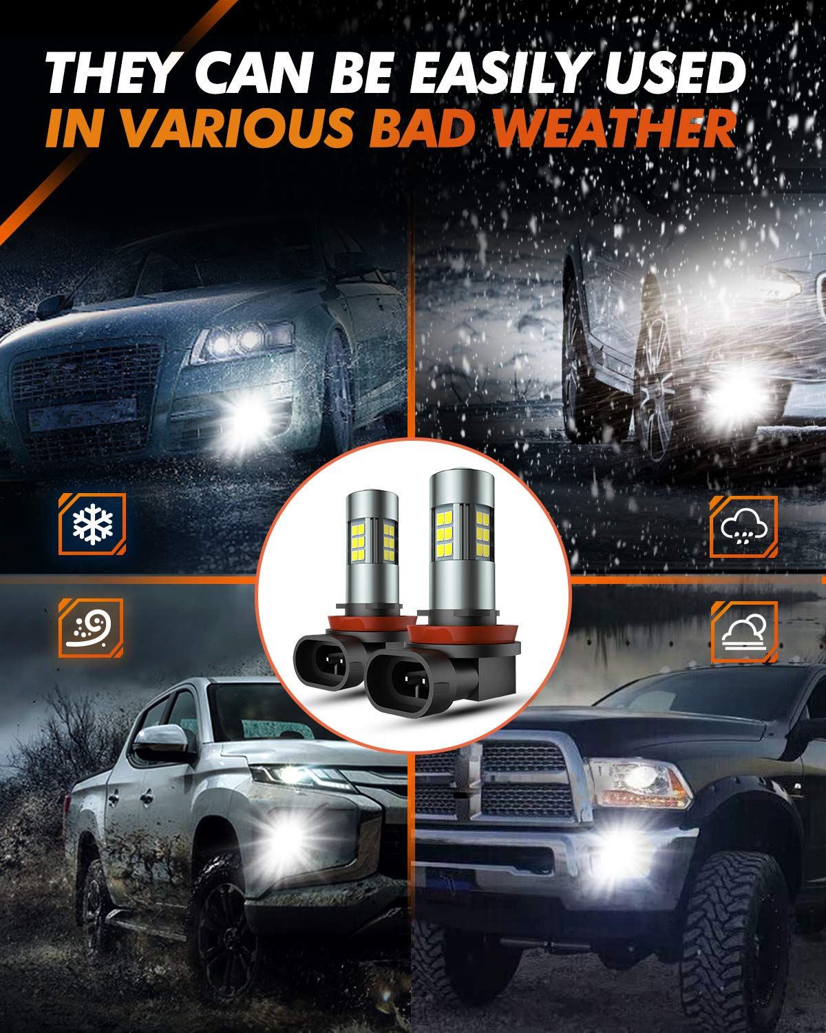 SEALIGHT H11/H8/H16 Bombillas LED Antiniebla 6000K 360° Iluminación Real 400% Más Brillo, Blanco, 2 Piezas