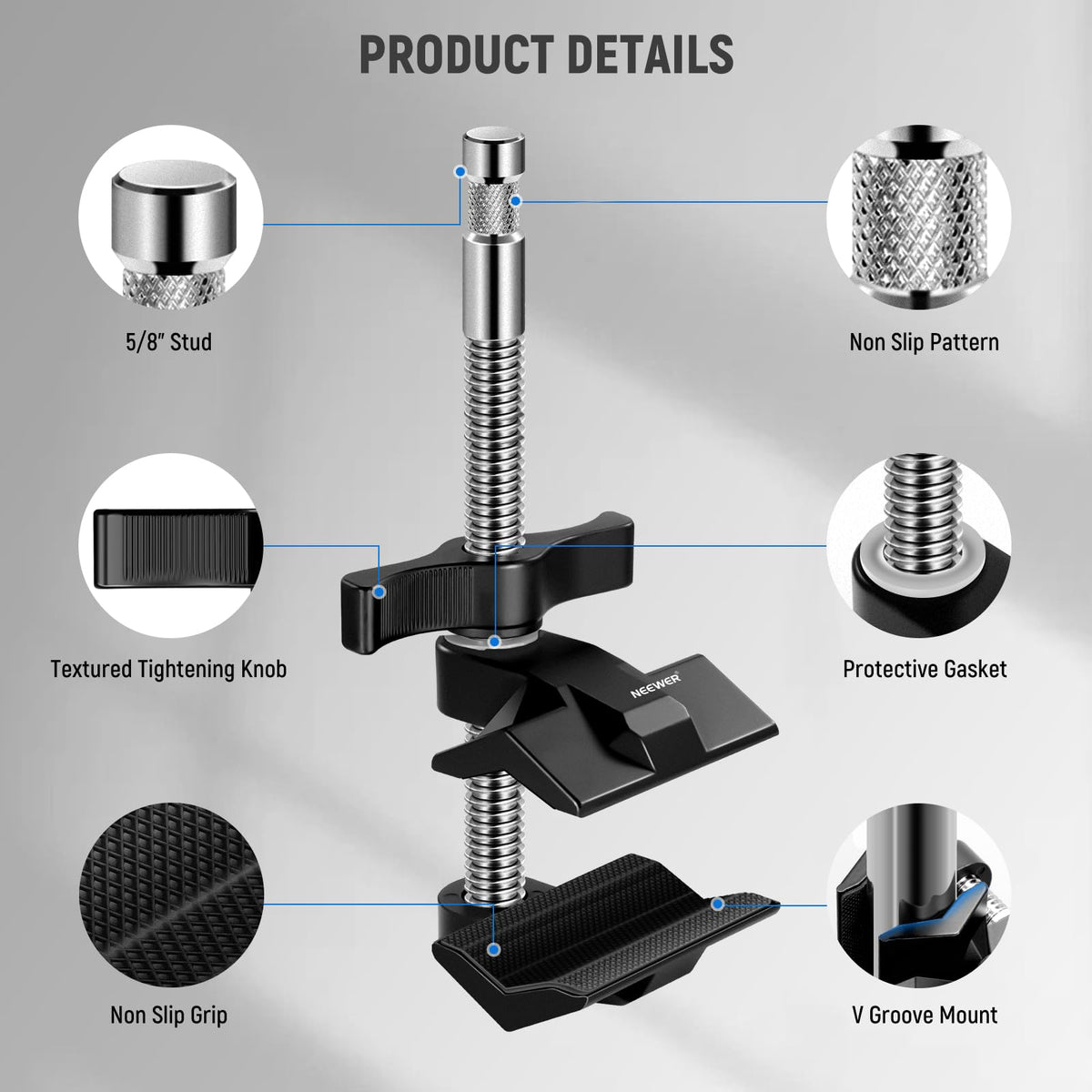 NEEWER 6" End Jaw Grip con 5/8" Stud, Steel Shaft End Grip con Mordazas Ajustables, Almohadillas de Goma para C Stand, Antitorsión,Mango Giratorio Easy Lock para Luz Video LED Softbox, UA040