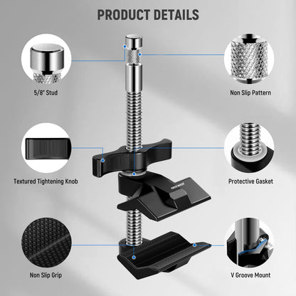 NEEWER 6" End Jaw Grip con 5/8" Stud, Steel Shaft End Grip con Mordazas Ajustables, Almohadillas de Goma para C Stand, Antitorsión,Mango Giratorio Easy Lock para Luz Video LED Softbox, UA040