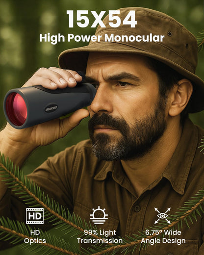 Telescopio monocular de 15 x 54 para Adultos de Alta Potencia, Impermeable, Prisma BAK4, Lente FMC, Compacto y Ligero para observación de Aves, Caza, Senderismo, Viajes y Aventura al Aire última