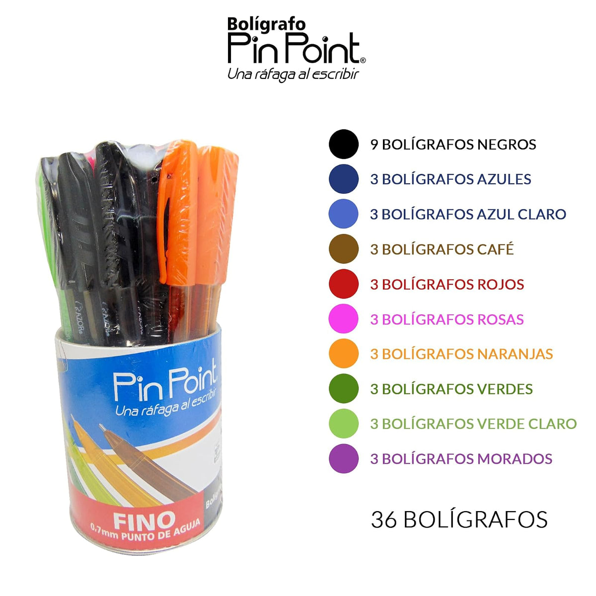 Azor Bolígrafo Punto Fino .7mm, 36 Piezas PinPoint 10 Colores Diferentes 301.6810B