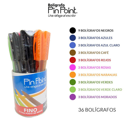 Azor Bolígrafo Punto Fino .7mm, 36 Piezas PinPoint 10 Colores Diferentes 301.6810B