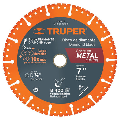 Truper DID-470, Disco de diamante de 7" x 1.6 mm para corte metal