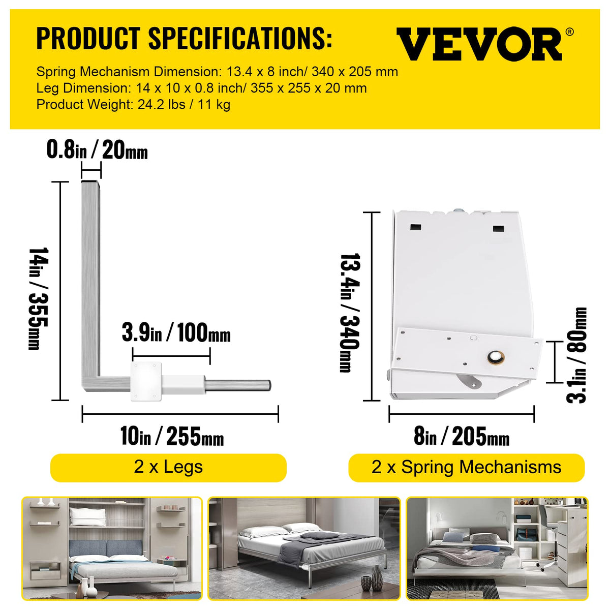 VEVOR Kit de Mecanismo de Montaje en Pared con Resorte, Capacidad de Carga de 450 kg, Kit de Bricolaje, Soporte de Cama para Cama Murphy de 1,2 a 1,8 m de Ancho, Cama King Vertical, Blanco