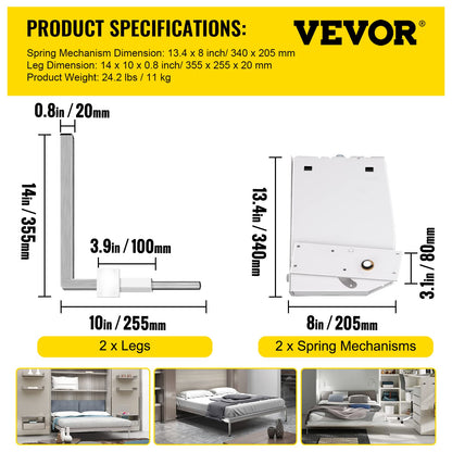 VEVOR Kit de Mecanismo de Montaje en Pared con Resorte, Capacidad de Carga de 450 kg, Kit de Bricolaje, Soporte de Cama para Cama Murphy de 1,2 a 1,8 m de Ancho, Cama King Vertical, Blanco