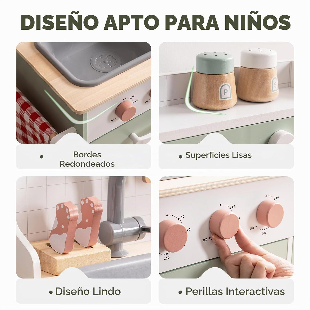 ROBUD Juego de Cocina de Madera para niños pequeños, Juego de Cocina con Parrilla para Barbacoa, máquina de Hielo, máquina de café y Accesorios, Regalo de Cocina de Juguete con Luces y Sonidos para